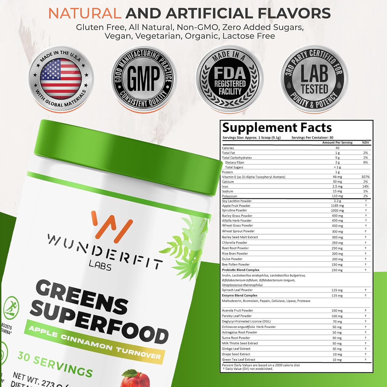 Wunderfit Labs Superfood Greens Powder - Organic Plant-Based Formula for Immune Support & Energy Boost