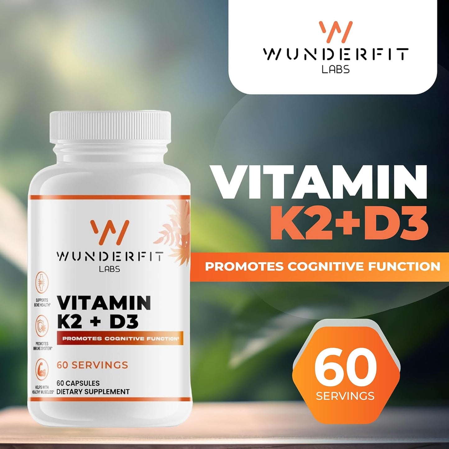 Wunderfit Labs Vitamin K2 + D3 Capsules - 60 Servings for Bone and Heart Health