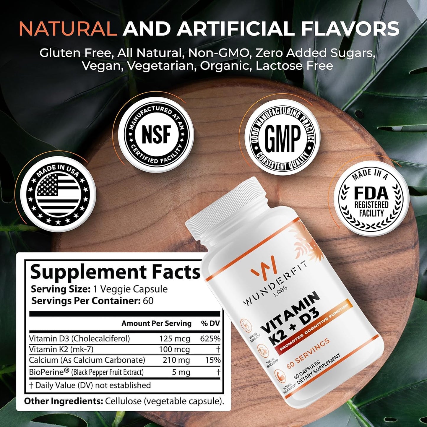 Wunderfit Labs Vitamin K2 + D3 Capsules - 60 Servings for Bone and Heart Health