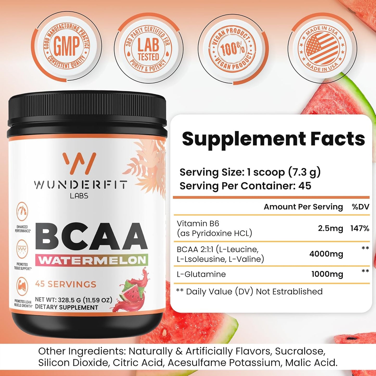 Wunderfit Labs Watermelon BCAA Powder - 45 Servings, High-Quality Amino Acids