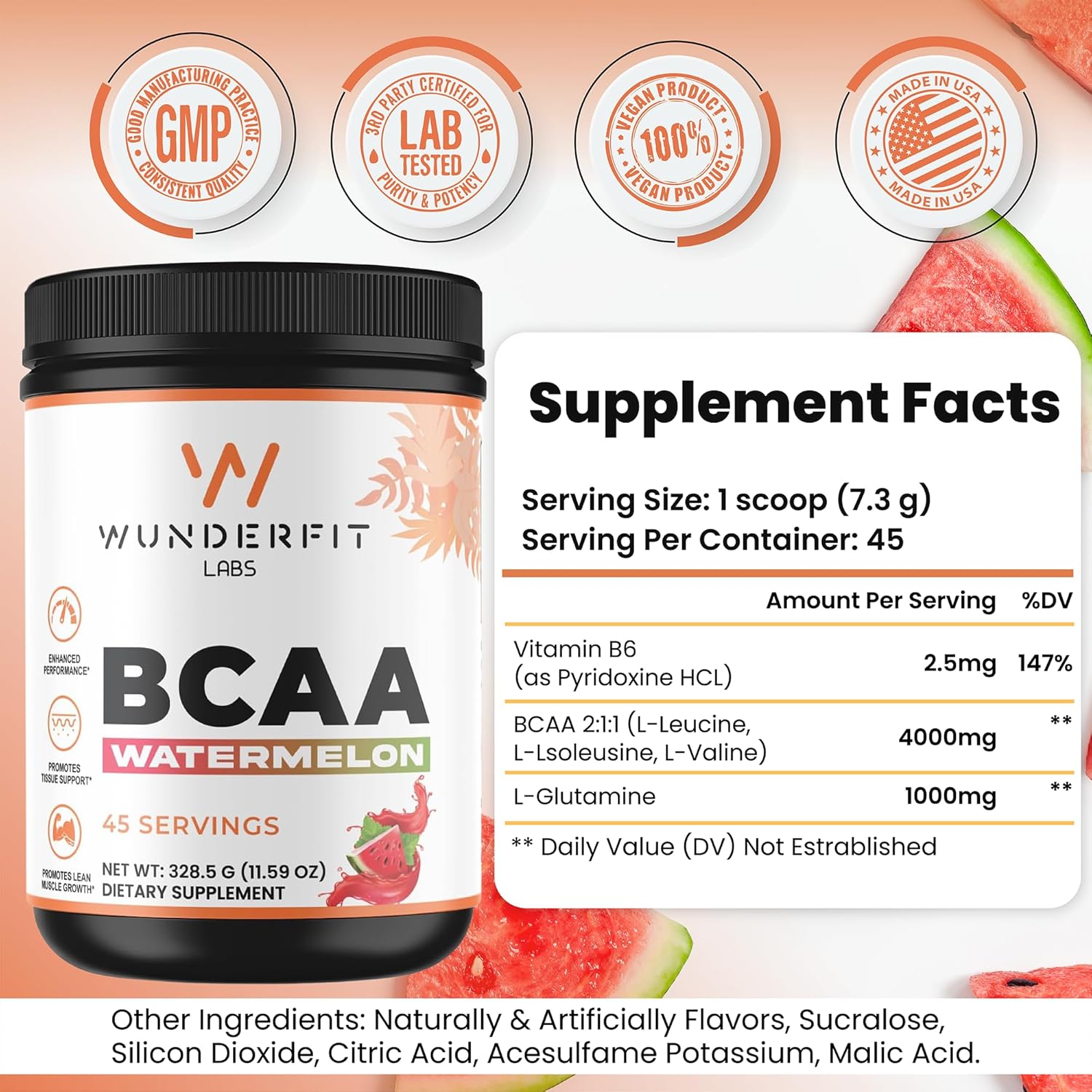 Wunderfit Labs Watermelon BCAA Powder - 45 Servings, High-Quality Amino Acids