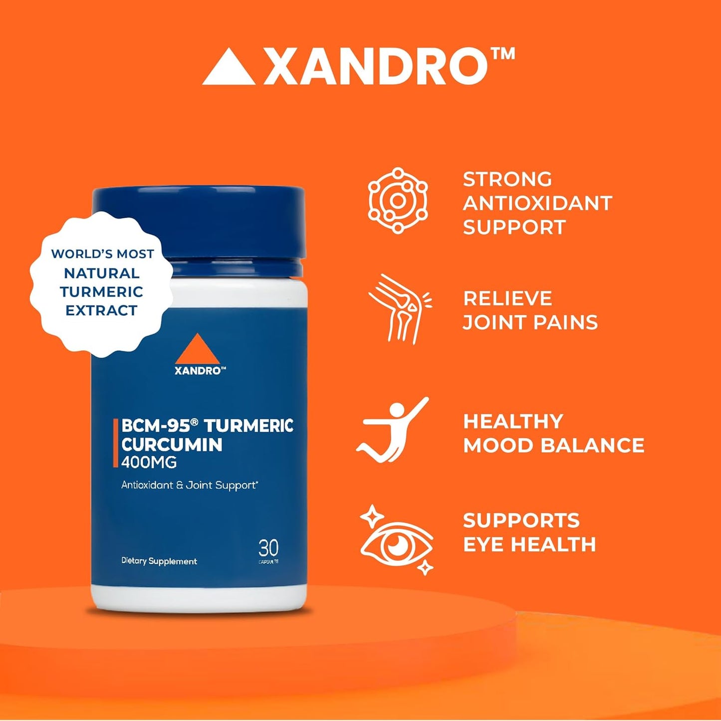 XANDRO BCM-95® Turmeric Curcumin 400 mg Capsules for Antioxidant & Joint Support, 30 Vegan Capsules