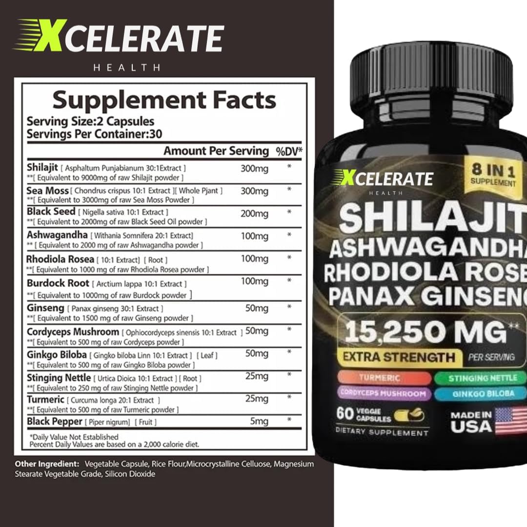 Xcelerate Health Holistic Harmony Shilajit & Ashwagandha Blend Capsules with Ginseng, Cordyceps, Turmeric, Stinging Nettle & Rhodiola Rosea - Energy, Stress Relief & Wellness Supplement - 60 Count