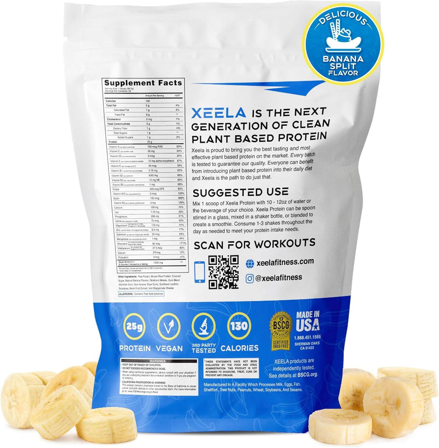 XEELA Plant Based Vegan Protein Powder - 25g High Protein Pea Protein Powder for Men & Women - Non GMO, Dairy & Gluten Free, Low Carb & Low Fat - With Vitamins & Minerals - Independently Tested (Banana Split)