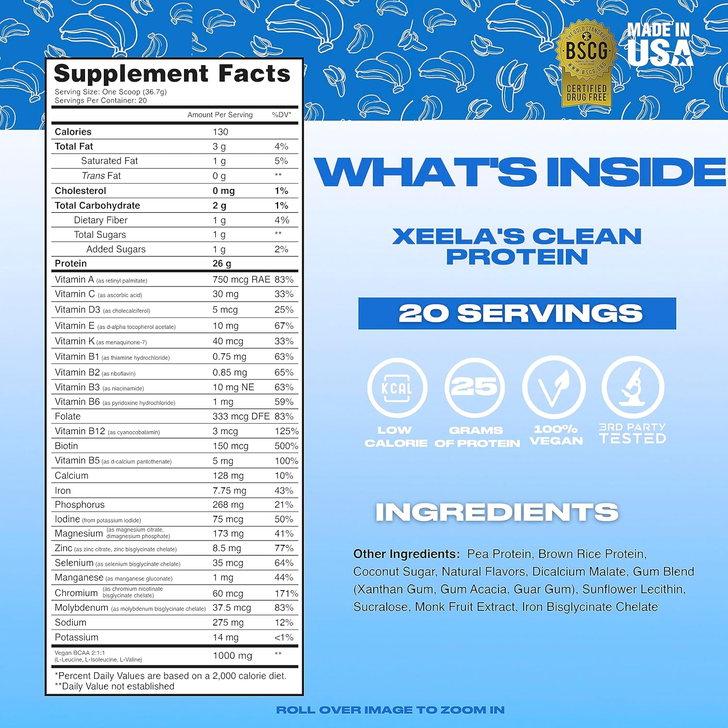 XEELA Plant Based Vegan Protein Powder - 25g High Protein Pea Protein Powder for Men & Women - Non GMO, Dairy & Gluten Free, Low Carb & Low Fat - With Vitamins & Minerals - Independently Tested (Banana Split)