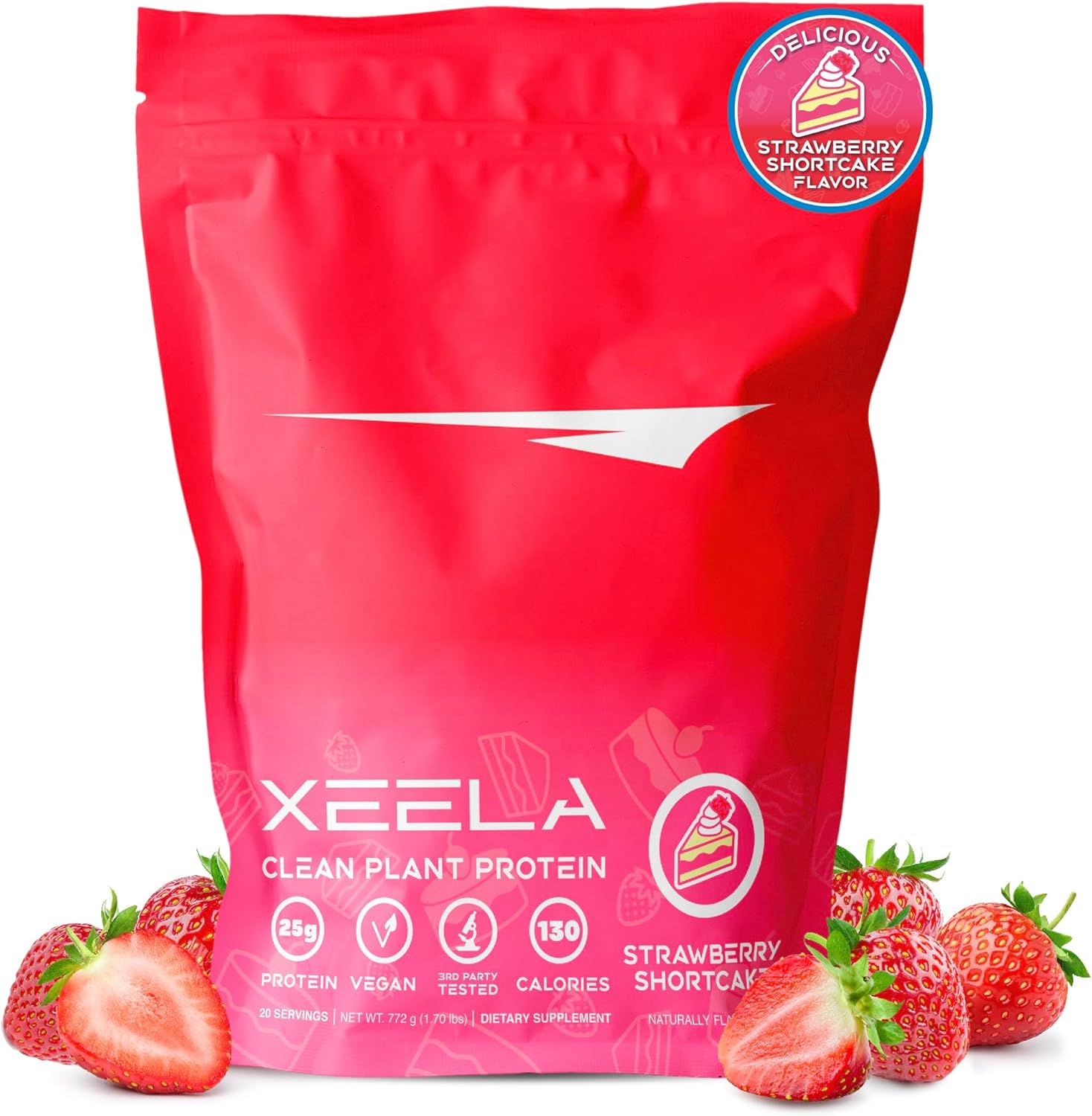 XEELA Strawberry Cake Plant Based Vegan Protein Powder - 25g High Protein Pea Protein for Men & Women - Vitamins & Minerals, Non GMO, Dairy & Gluten Free, Low Carb & Low Fat - Independently Tested