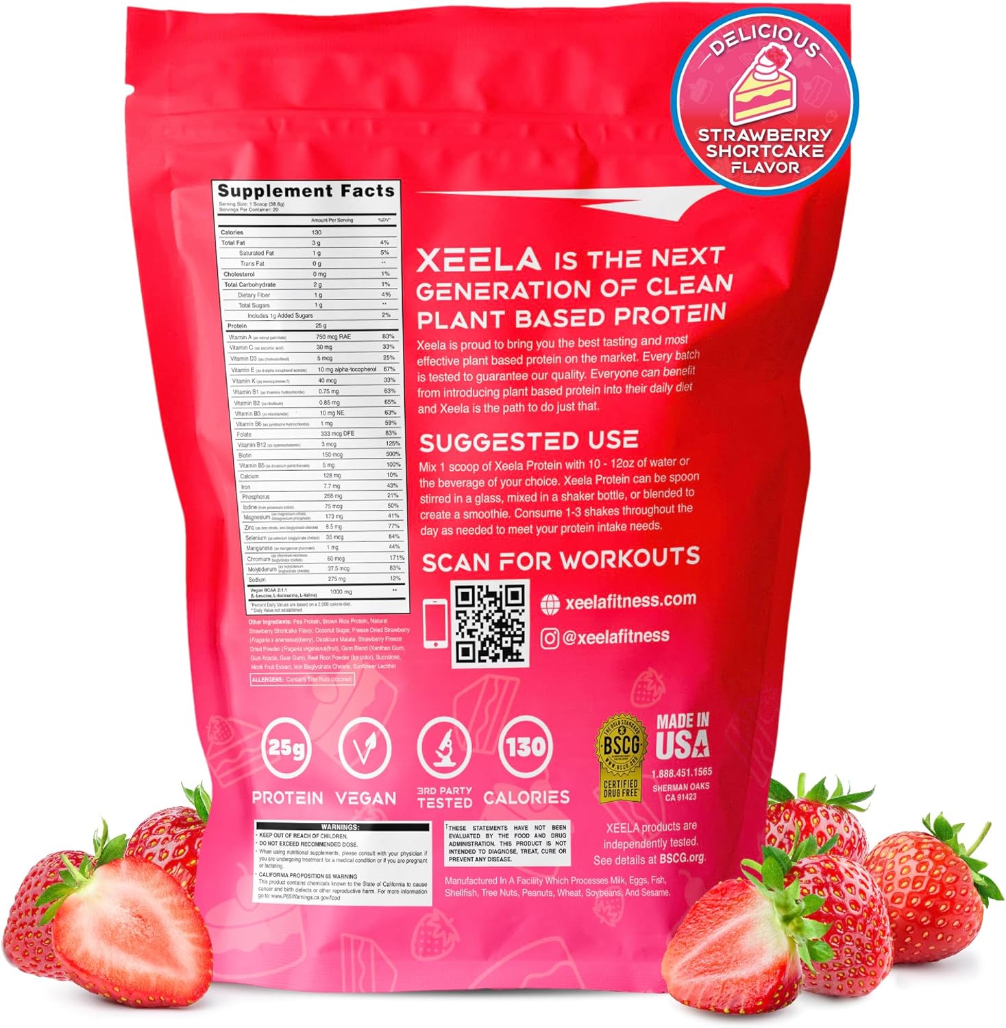 XEELA Strawberry Cake Plant Based Vegan Protein Powder - 25g High Protein Pea Protein for Men & Women - Vitamins & Minerals, Non GMO, Dairy & Gluten Free, Low Carb & Low Fat - Independently Tested
