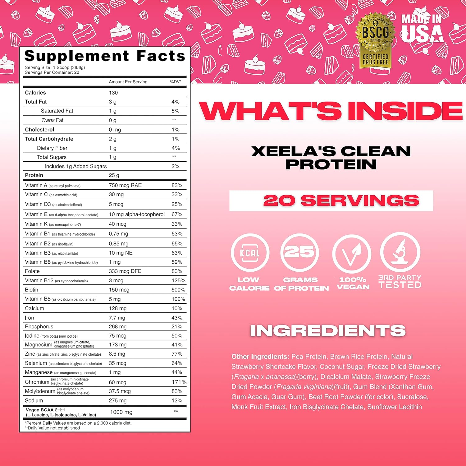 XEELA Strawberry Cake Plant Based Vegan Protein Powder - 25g High Protein Pea Protein for Men & Women - Vitamins & Minerals, Non GMO, Dairy & Gluten Free, Low Carb & Low Fat - Independently Tested