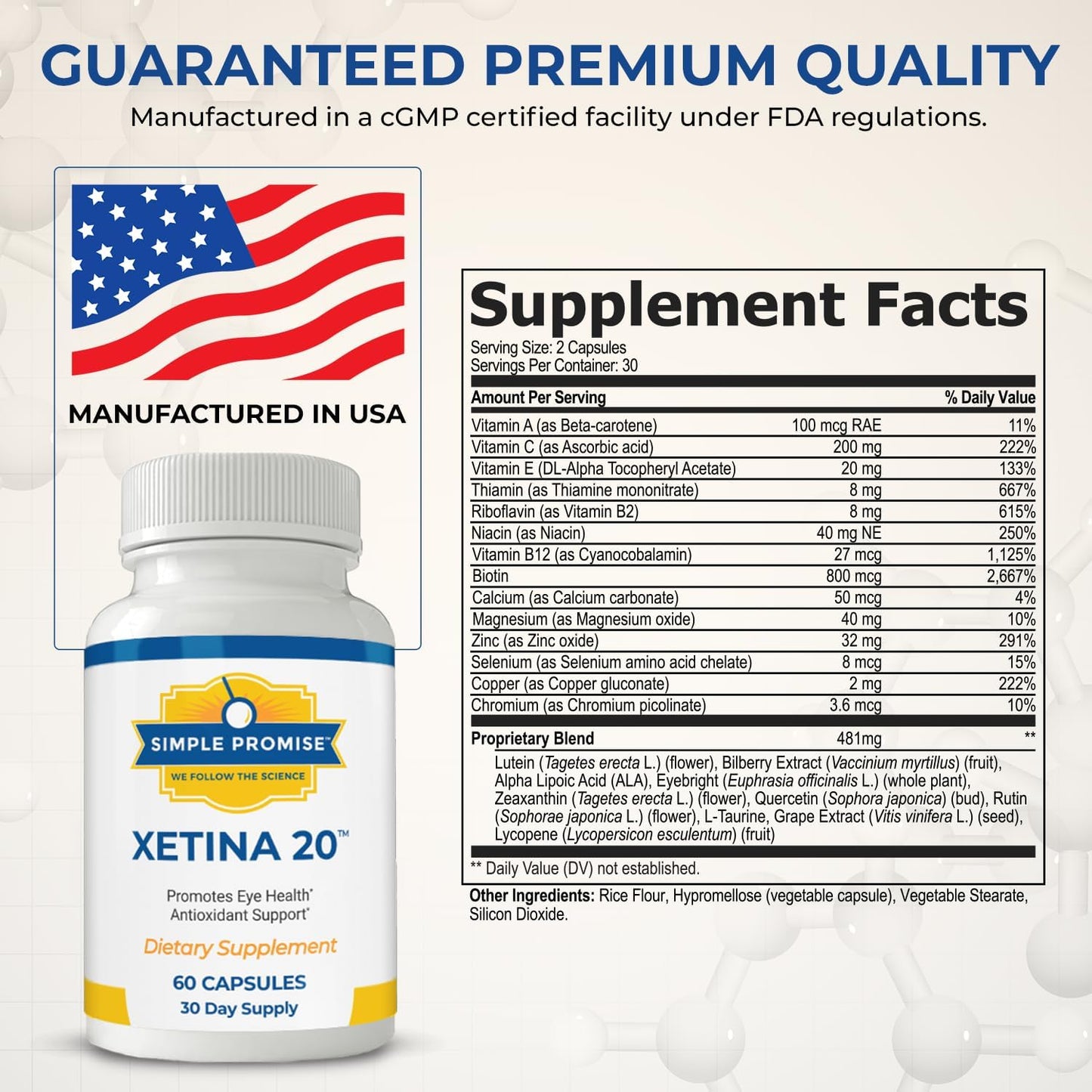 Xetina 20™ Lutein and Zeaxanthin Supplements - Eye Health Support with Vitamins E, Eyebright, Zinc - 60 Capsules