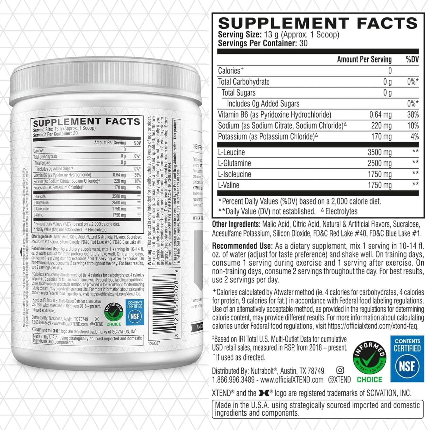 Xtend Original BCAA Powder - Sugar Free Post Workout Drink for Muscle Recovery - 7g BCAA, 2.5g L-Glutamine - 30 Servings