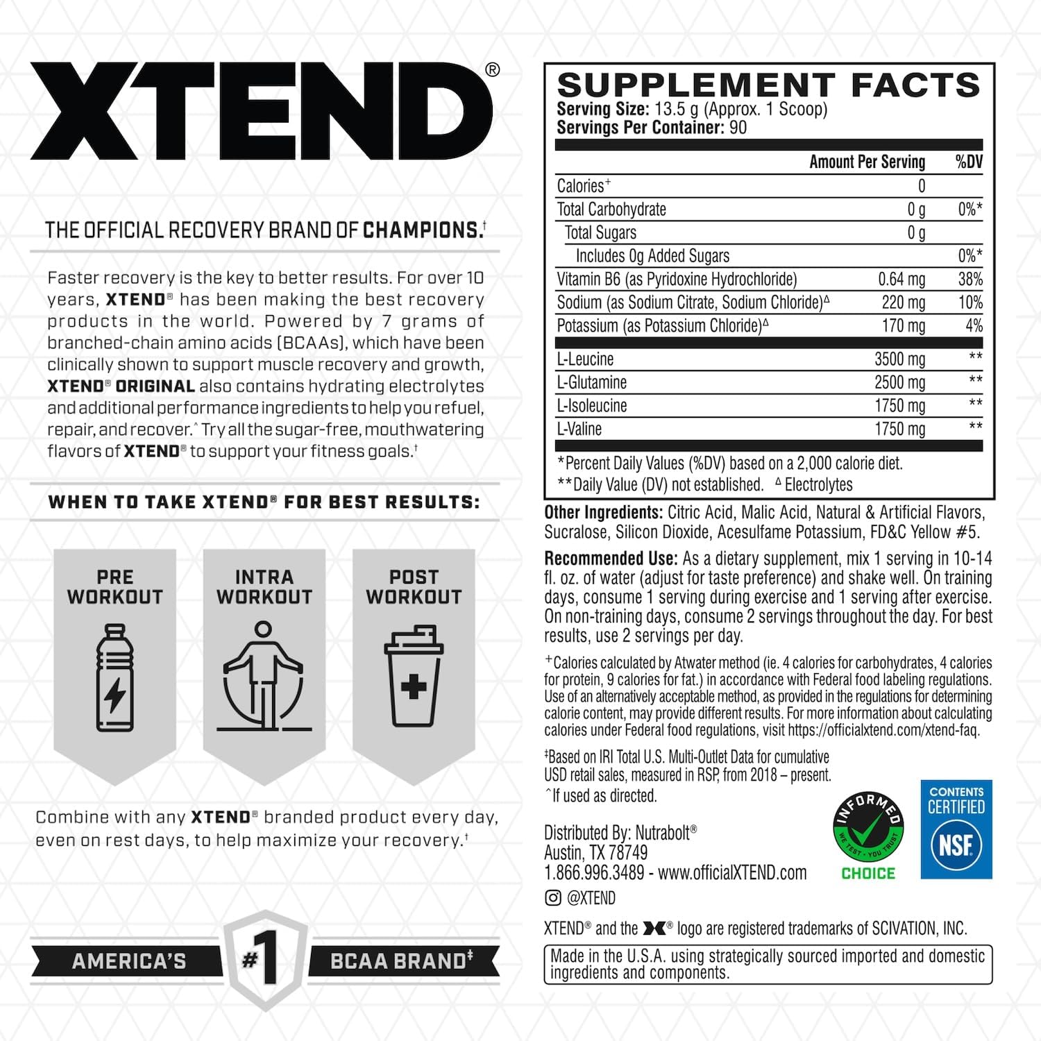 XTEND Original BCAA Powder - Sugar Free Post Workout Drink with Amino Acids - 90 Servings for Muscle Recovery