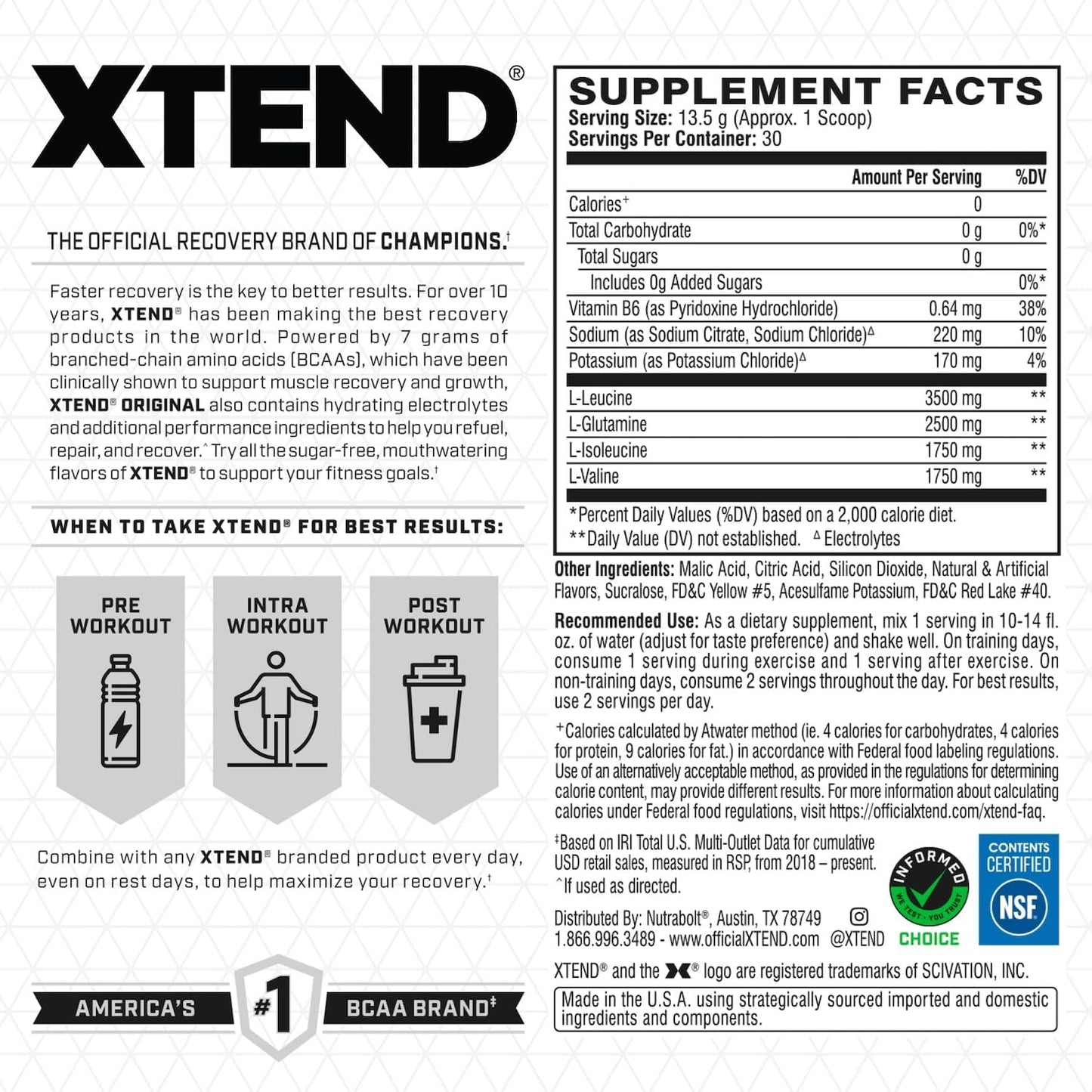 Xtend Original BCAA Powder: 7g BCAA, 2.5g L-Glutamine, Sugar-Free Post-Workout Drink for Muscle Recovery - 30 Servings