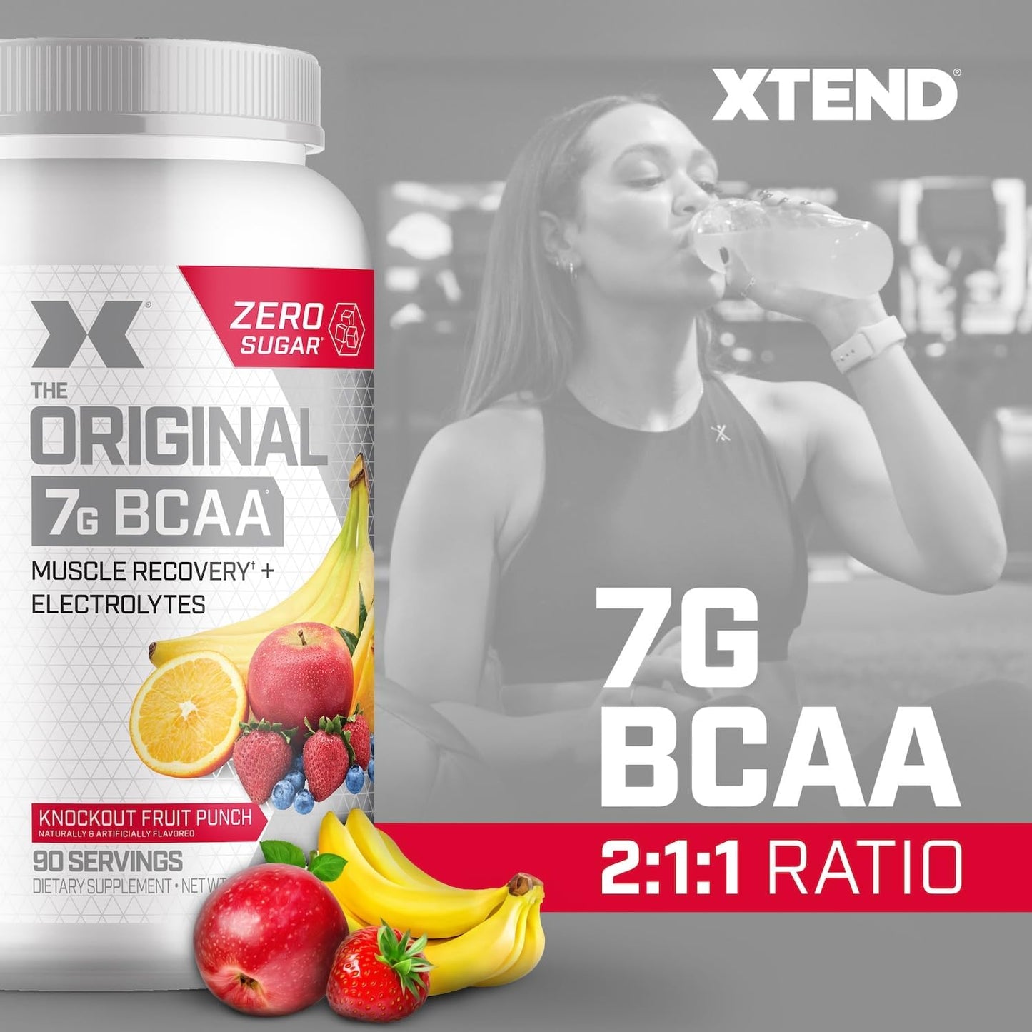 XTEND Original BCAA Powder Knockout Fruit Punch: Sugar-Free Muscle Recovery Drink with Amino Acids - 90 Servings for Men & Women