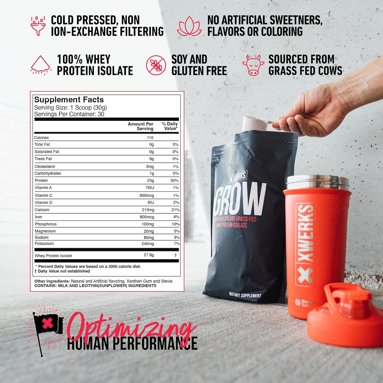 Xwerks Grow Strawberry Grass-Fed Whey Protein Isolate Powder - 25g Protein (30 Servings) Paleo, Keto, Soy & Gluten-Free