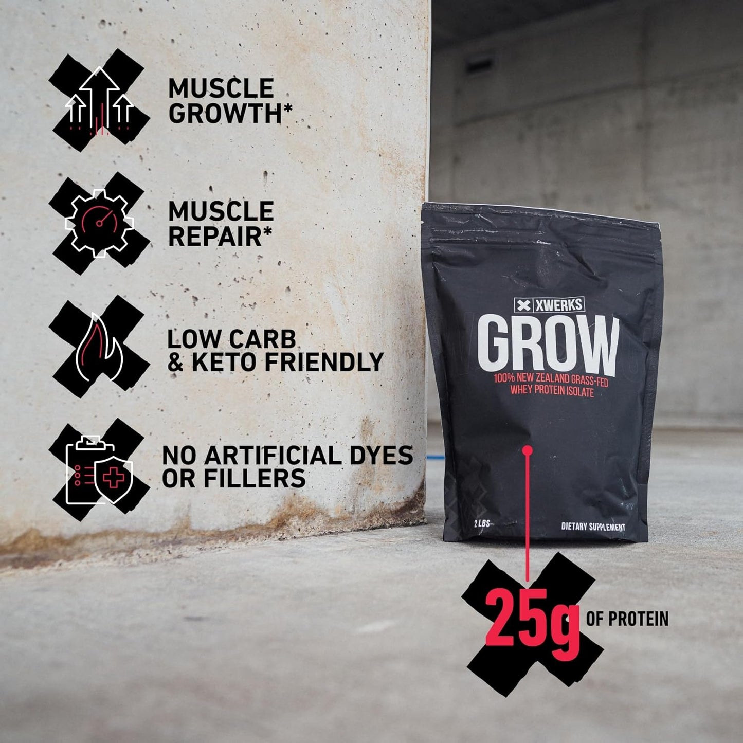 Xwerks Grow Strawberry Grass-Fed Whey Protein Isolate Powder - 25g Protein (30 Servings) Paleo, Keto, Soy & Gluten-Free