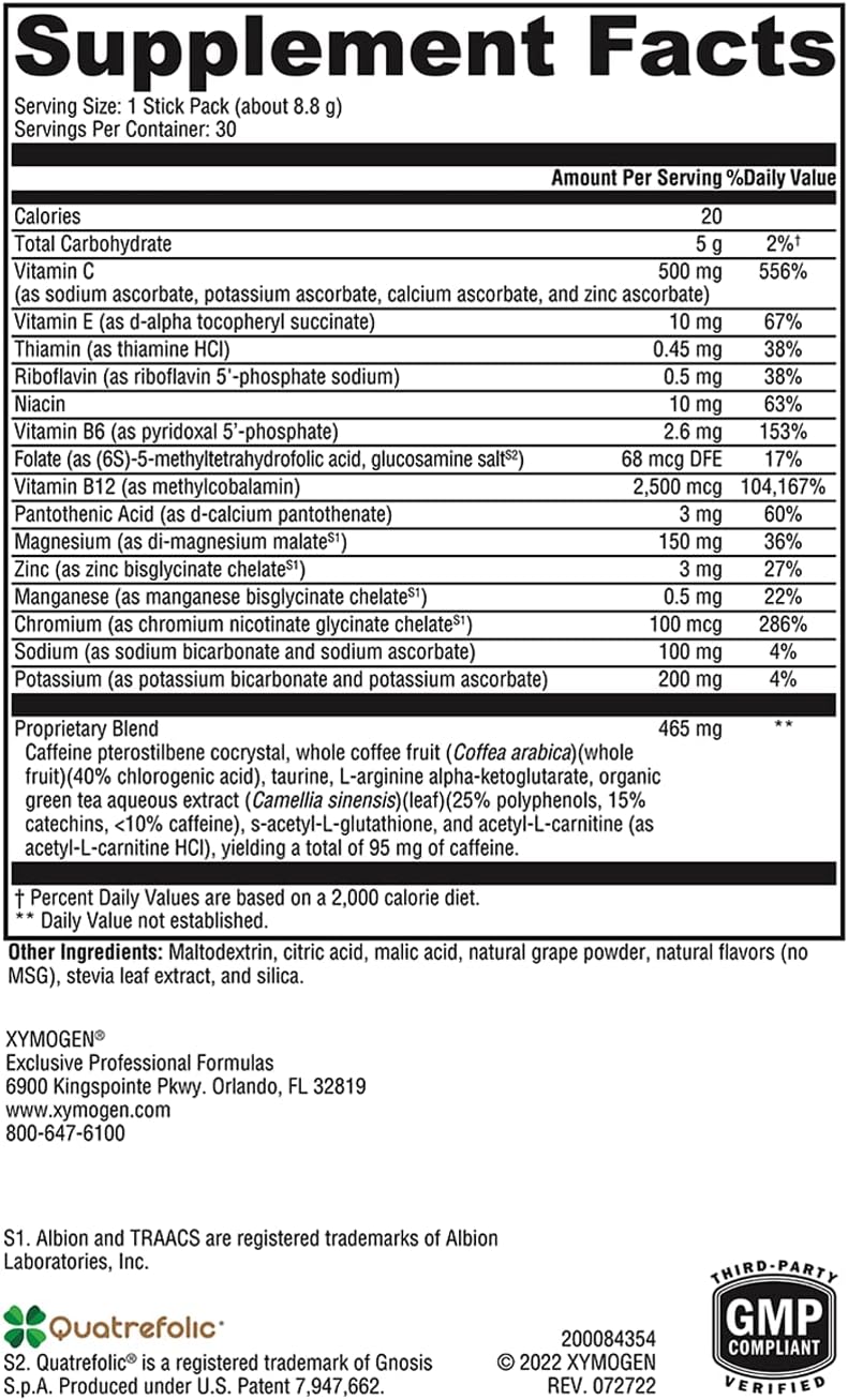 XYMOGEN ATP Ignite Energy Drink Powder - Boosts Energy, Electrolytes, and ATP Production with Antioxidants, Aminos, Vitamins, and Caffeine - Mixed Berry (30 Stick Packs)