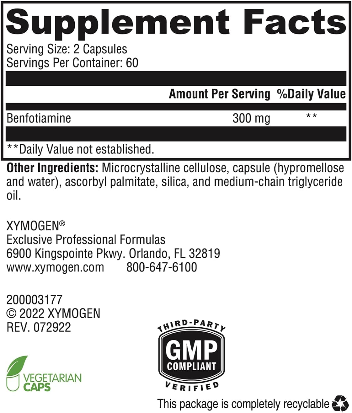 XYMOGEN Benfotiamine 300mg Capsules - Bioavailable Thiamine B1 Supplement for Metabolic, Nerve, Vascular Health