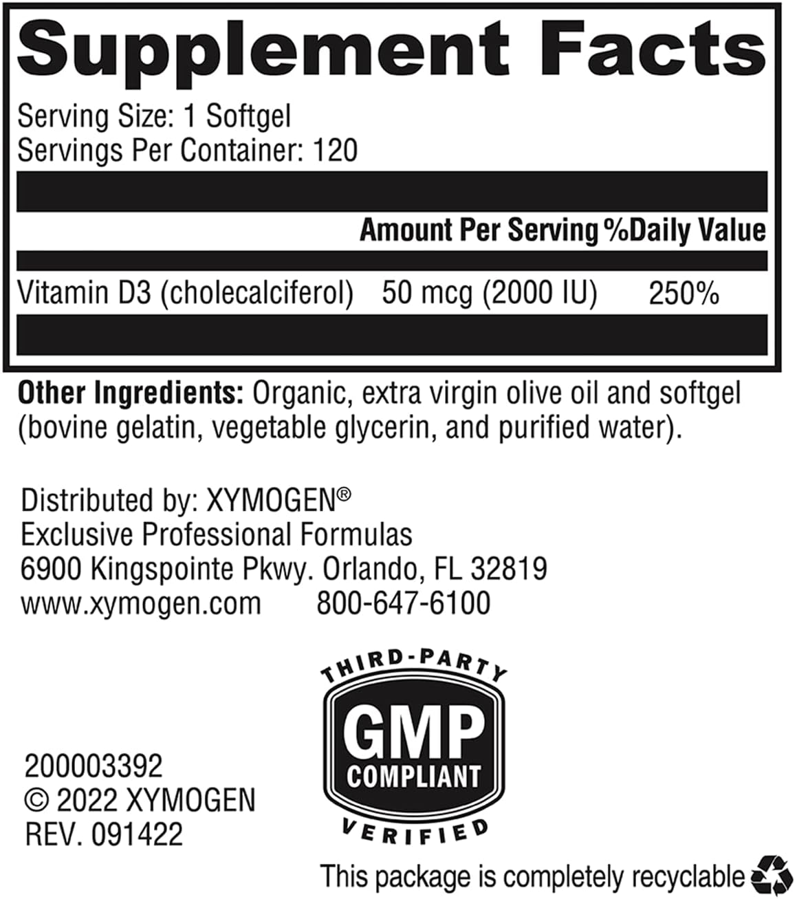 XYMOGEN D3 2000 IU - High Potency Bioavailable Vitamin D Supplement for Immune, Bone, and Heart Health (120 Softgels)