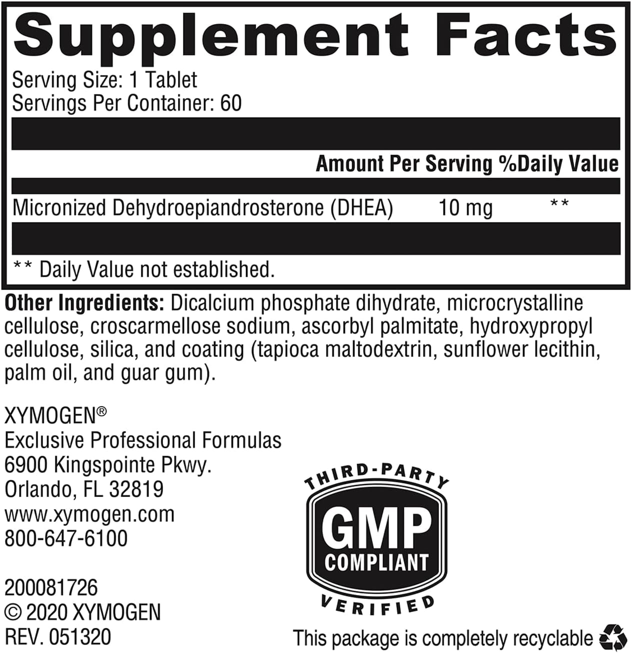 XYMOGEN DHEA Supplement - 10 mg Micronized Capsules for Healthy Androgen & Estrogen Levels + Adrenal Support - 60 Tablets for Men & Women