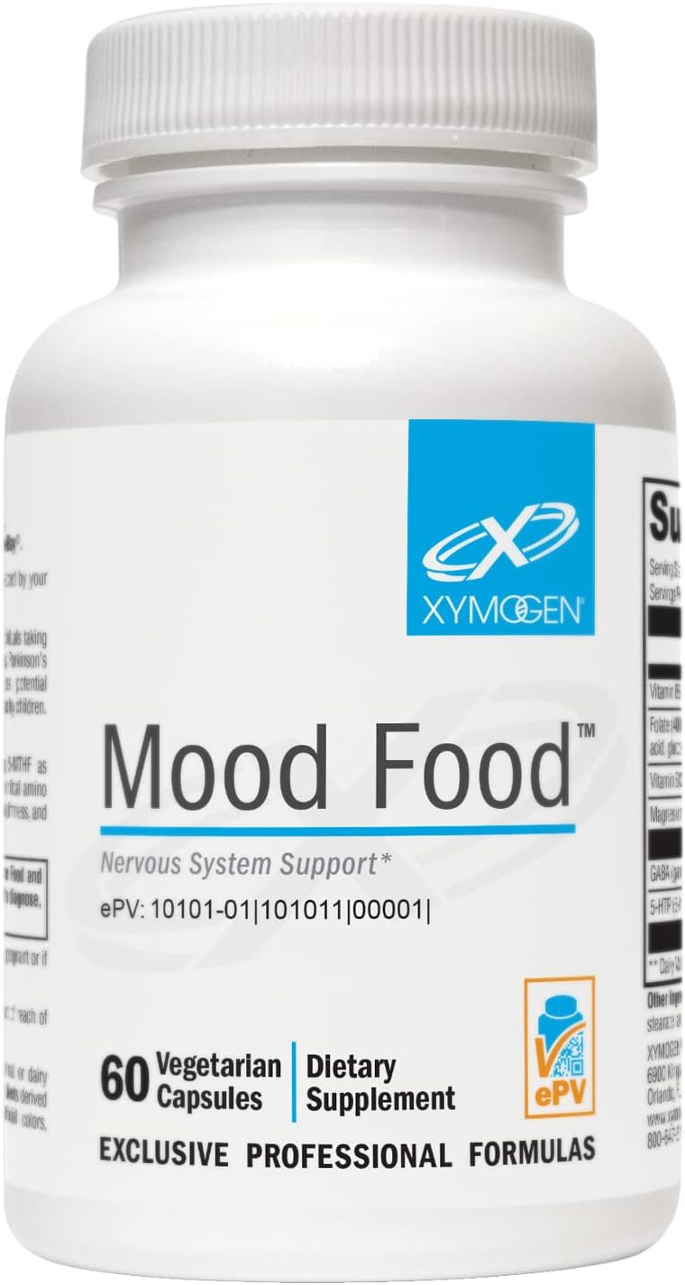 XYMOGEN Mood Food Supplement for Nervous System Support - Folate, B12, B6, Magnesium, 5-HTP, GABA - Vegan & Non-GMO - 60 Capsules