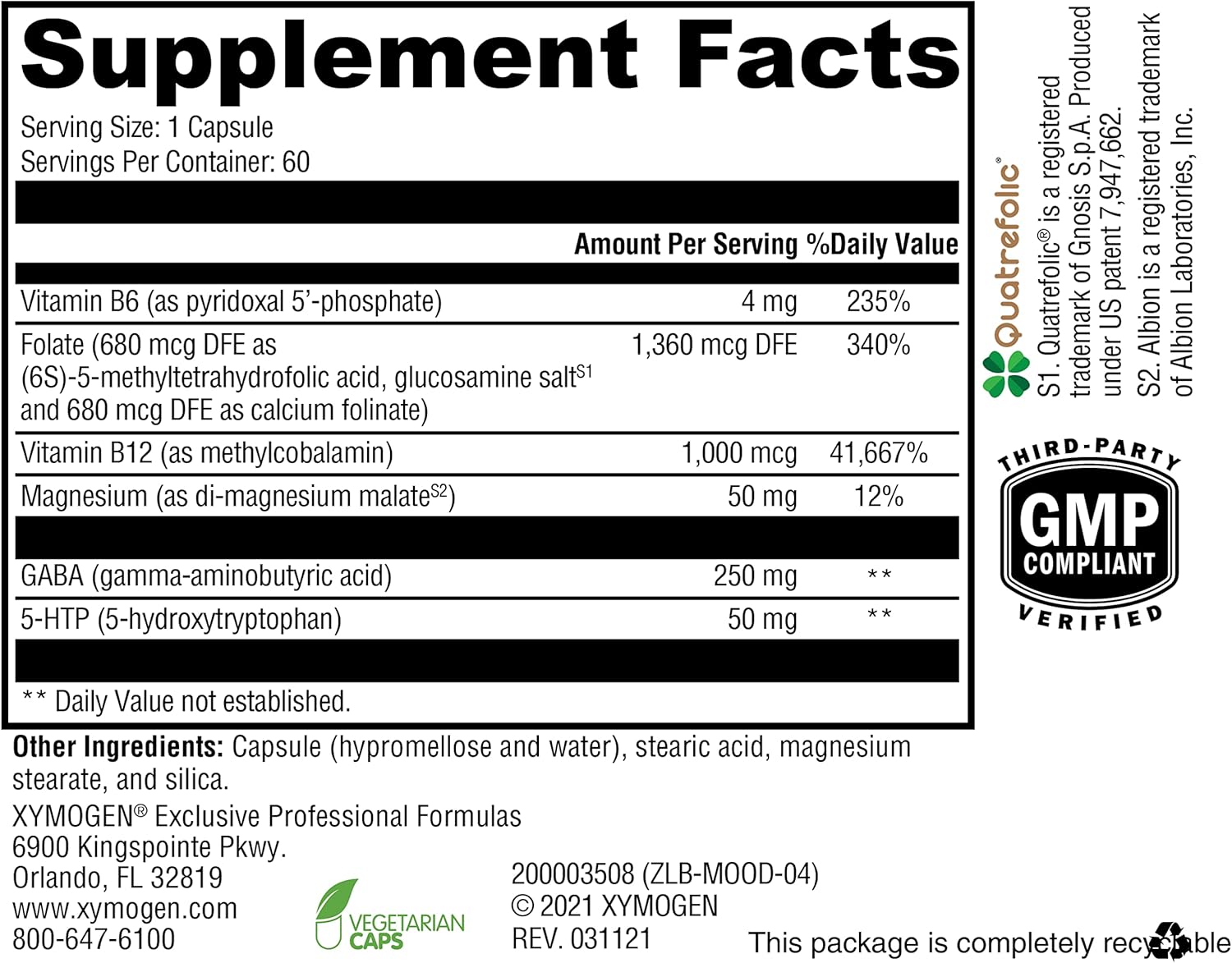 XYMOGEN Mood Food Supplement for Nervous System Support - Folate, B12, B6, Magnesium, 5-HTP, GABA - Vegan & Non-GMO - 60 Capsules