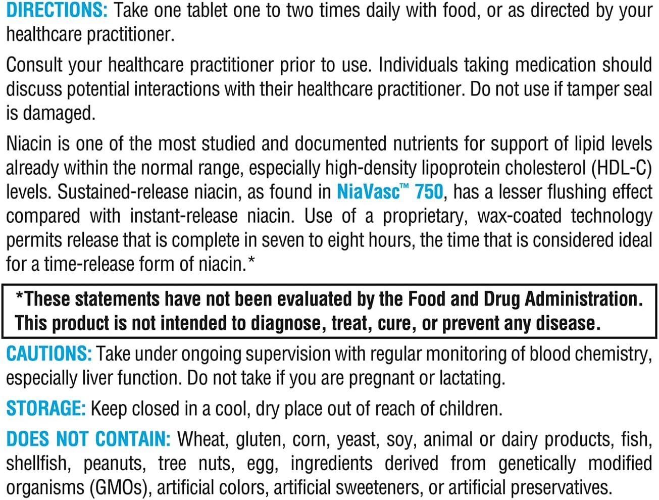 XYMOGEN NiaVasc 750 - Sustained-Release Niacin Tablets for Healthy Blood Lipids - 60 Time-Release Pills to Reduce Flushing