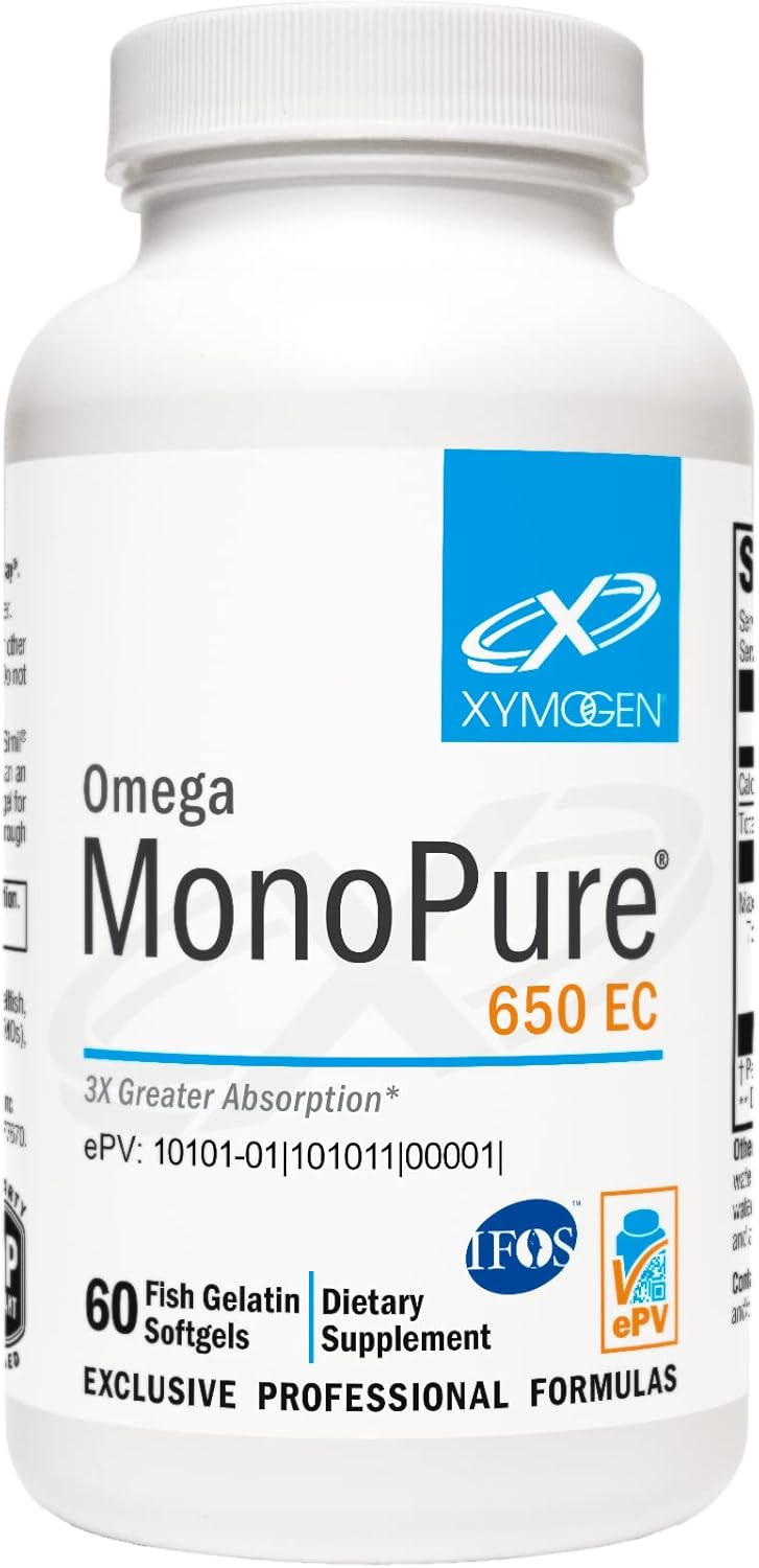 XYMOGEN Omega MonoPure 650 EC - High Absorption Omega-3 Fish Oil Supplement for Heart & Brain Health - EPA, DHA & DPA - 60 Smaller Softgels for Men & Women