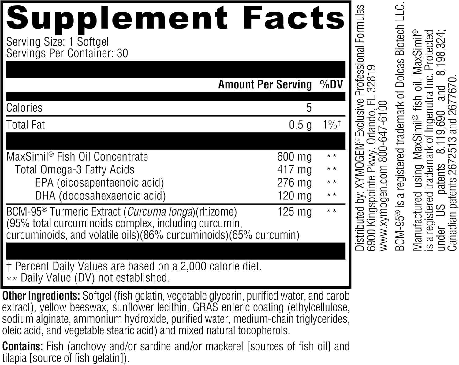 XYMOGEN Omega MonoPure Curcumin EC - Fish Oil with Increased DHA and EPA Bioavailability + Turmeric Extract - Omega-3 Supplement for Supporting Cytokine Balance (30 Softgels)