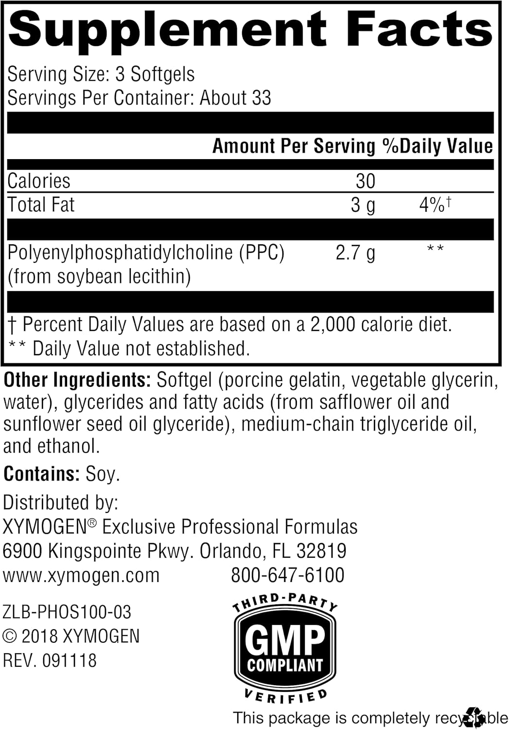 XYMOGEN PhosphaLine - Polyenylphosphatidylcholine Supplement for Liver & Cardiovascular Health - 100 Softgels