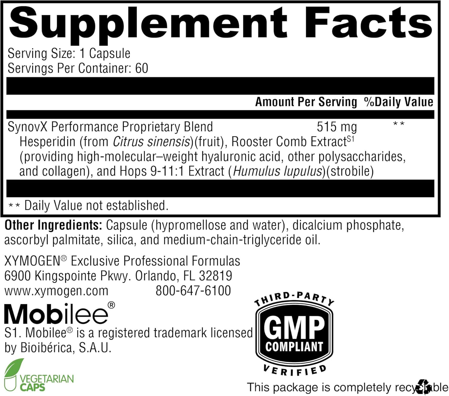XYMOGEN SynovX Performance: Joint Mobility & Cytokine Balance Support for Women, Men, and Athletes - High Molecular Weight Hyaluronic Acid - 60 Capsules - BoostGo Australia