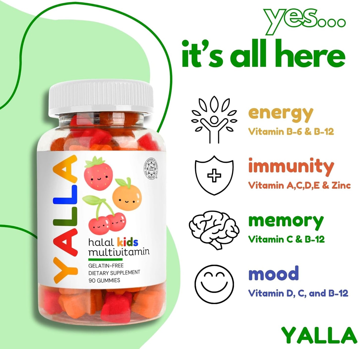 YALLA Halal Kids Multivitamin Gummies: Immunity & Energy Boost, 45-90 Days Supply, Vitamin C, D3, Zinc, B6, B12, ISA Certified - BoostGo Australia