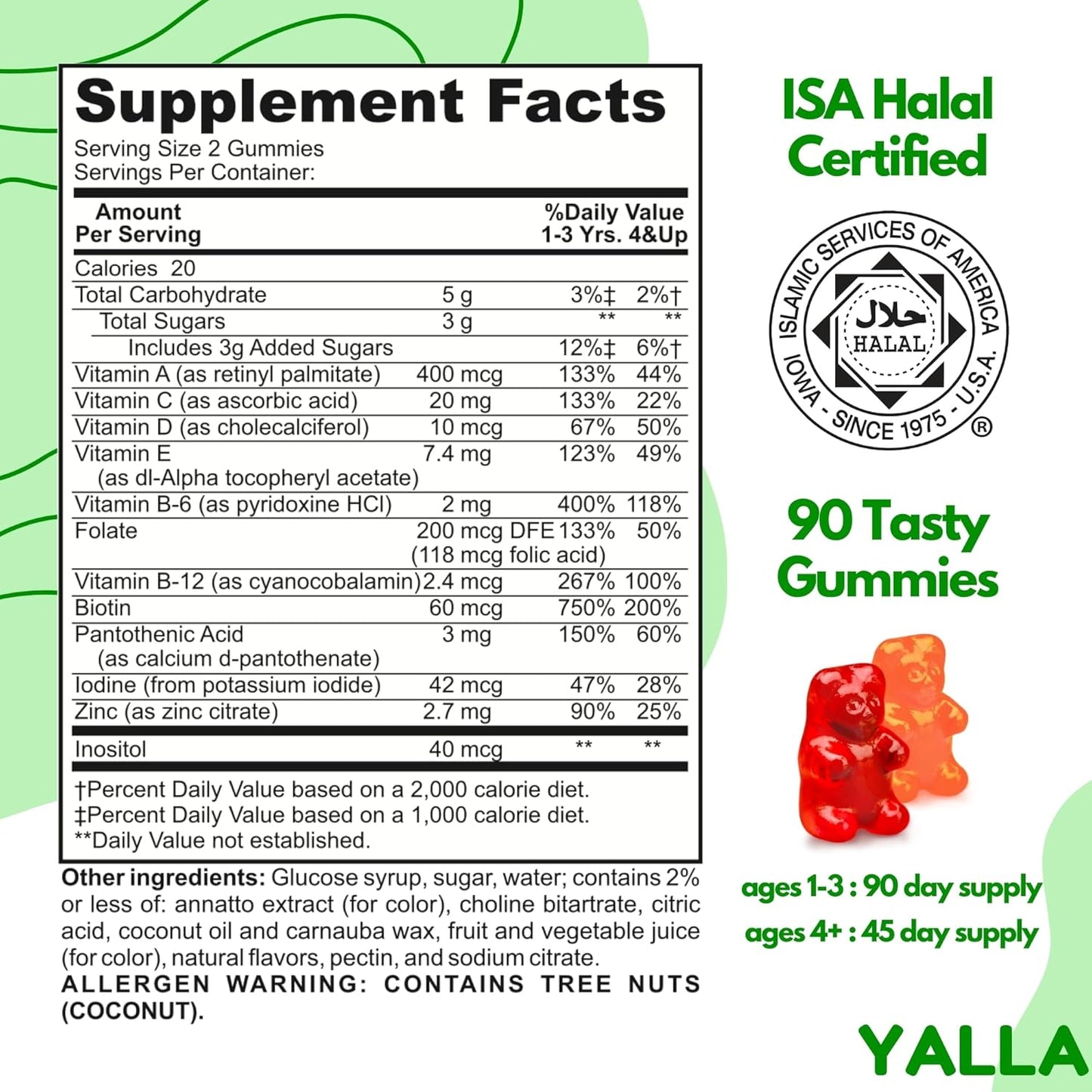 YALLA Halal Kids Multivitamin Gummies: Immunity & Energy Boost, 45-90 Days Supply, Vitamin C, D3, Zinc, B6, B12, ISA Certified - BoostGo Australia