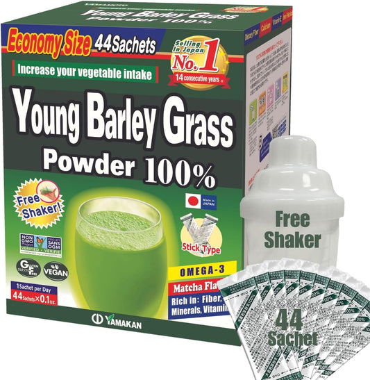 Yamamoto Kanpoh Barley Grass Powder: Japan's 100% Green Superfood for Health & Vitality, Rich in Vitamins & Minerals, Non-GMO, Vegan - 44 Sachet
