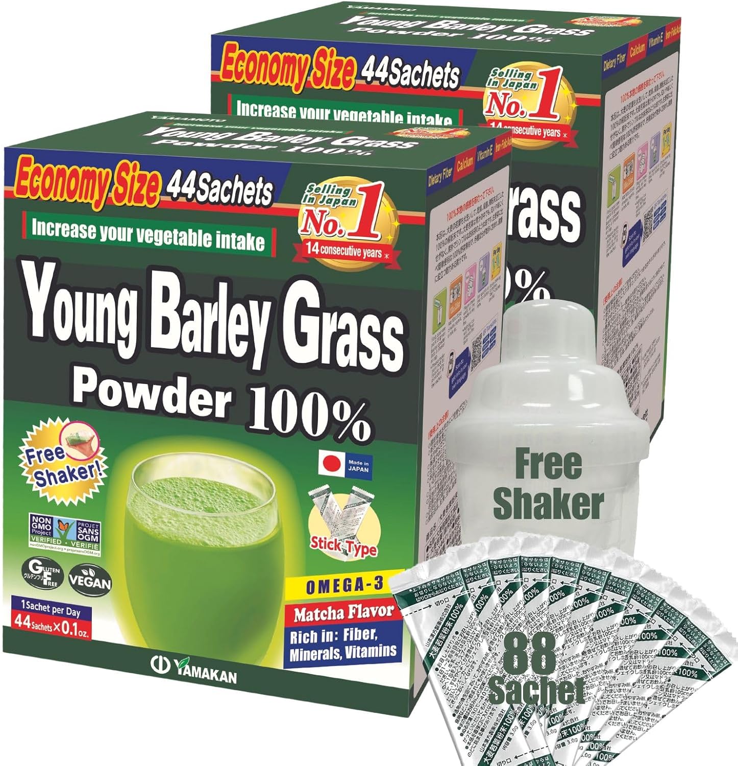 Yamamoto Kanpoh Young Barley Grass & Kale Powder - Japan's Green Superfood for Health & Vitality - 100% Vegan & Gluten-Free - 88 Sachets