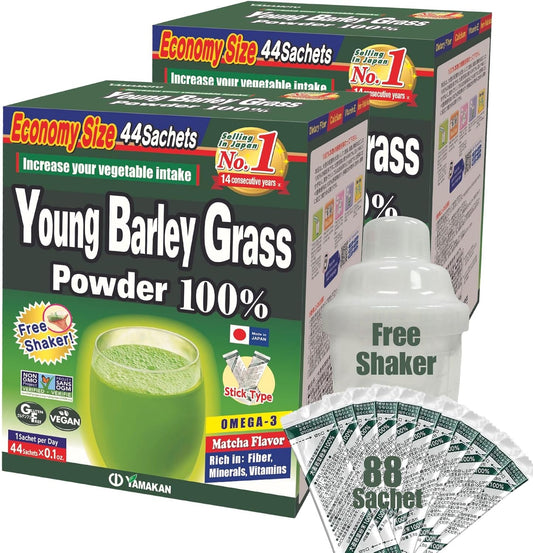 Yamamoto Kanpoh Young Barley Grass & Kale Powder - Japan's Green Superfood for Health & Vitality - 100% Vegan & Gluten-Free - 88 Sachets