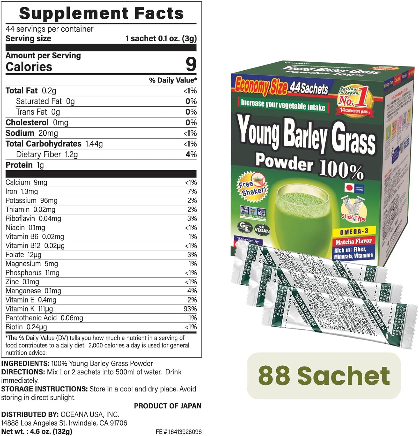 Yamamoto Kanpoh Young Barley Grass & Kale Powder - Japan's Green Superfood for Health & Vitality - 100% Vegan & Gluten-Free - 88 Sachets