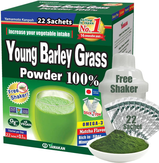 Yamamoto Kanpoh Young Barley Grass Powder: Japanese Superfood for Health & Vitality, 100% Green Powder, Gluten-Free & Vegan, 22 Sachet Pack