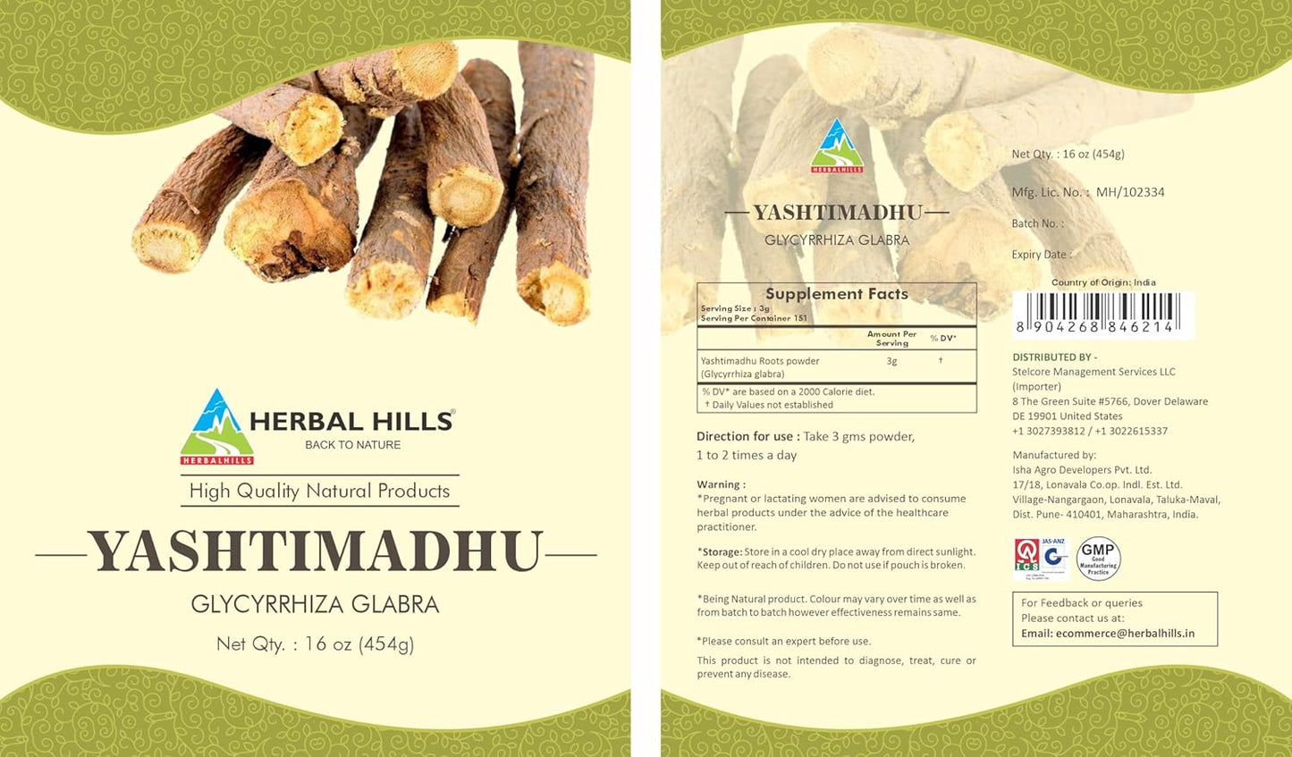 Yashtimadhu Powder - 16 Oz (454 G) | Pure Licorice Root Powder from Herbal Hills | Glycyrrhiza glabra Supplement