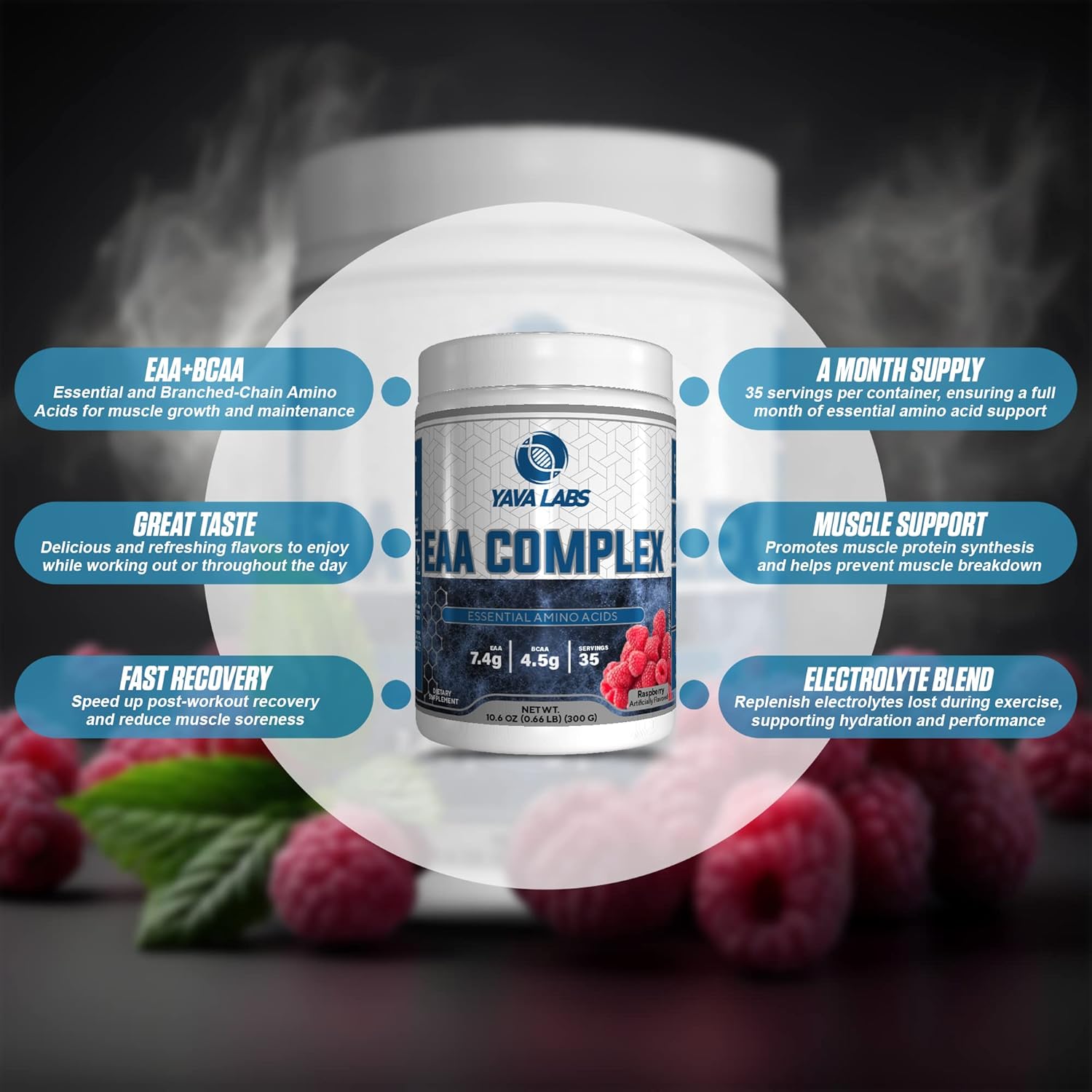 Yava Labs Essential Amino Acid Complex Supplement (Raspberry Flavor)