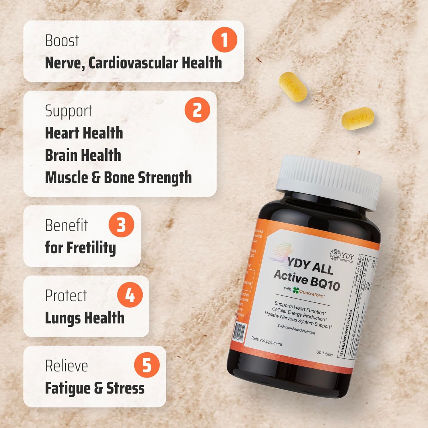 YDY Nutrition All Active BQ10 - CoQ10 100mg with Vitamin B Complex - Promotes Heart Health and Cellular Energy - 60 Tablets