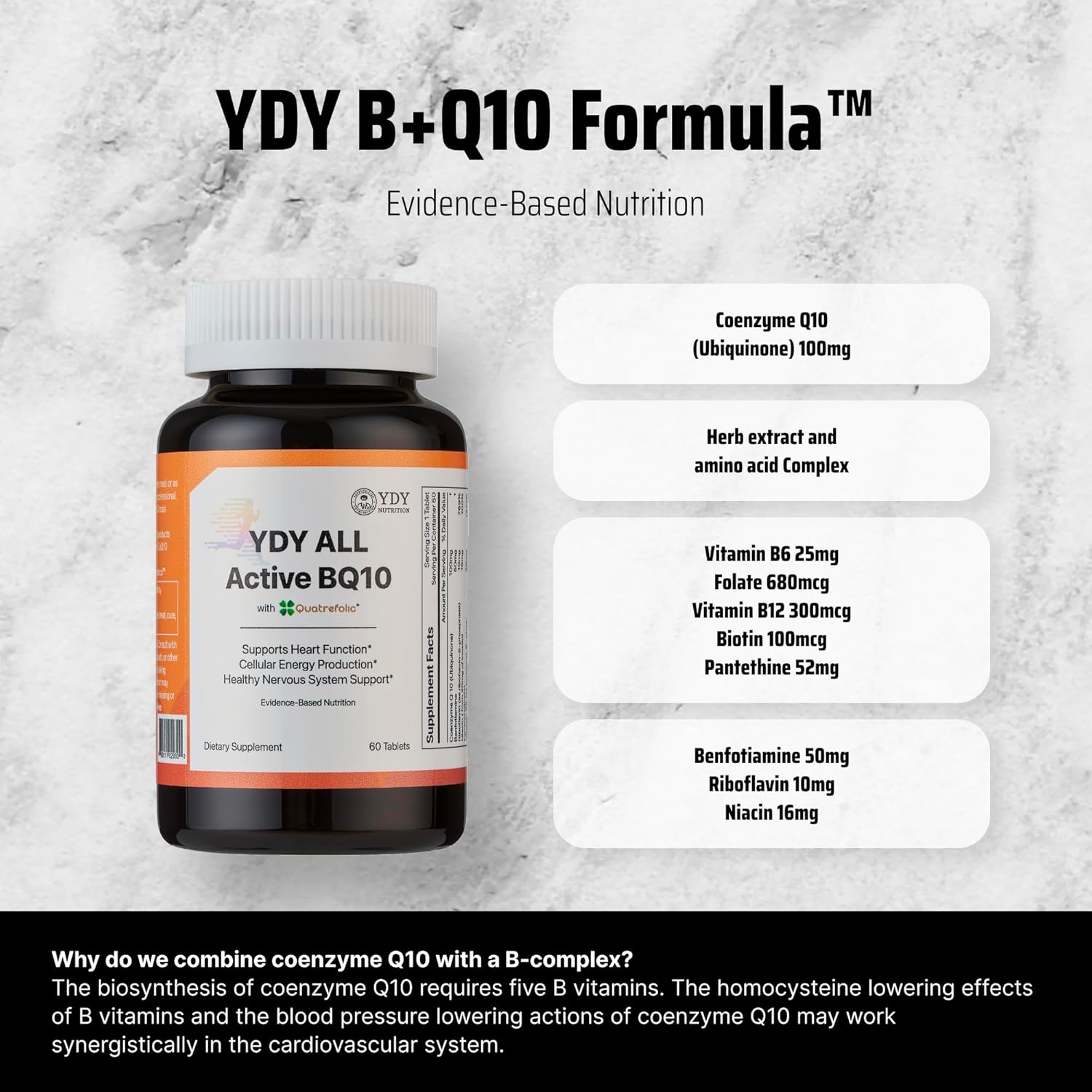 YDY Nutrition All Active BQ10 - CoQ10 100mg with Vitamin B Complex - Promotes Heart Health and Cellular Energy - 60 Tablets