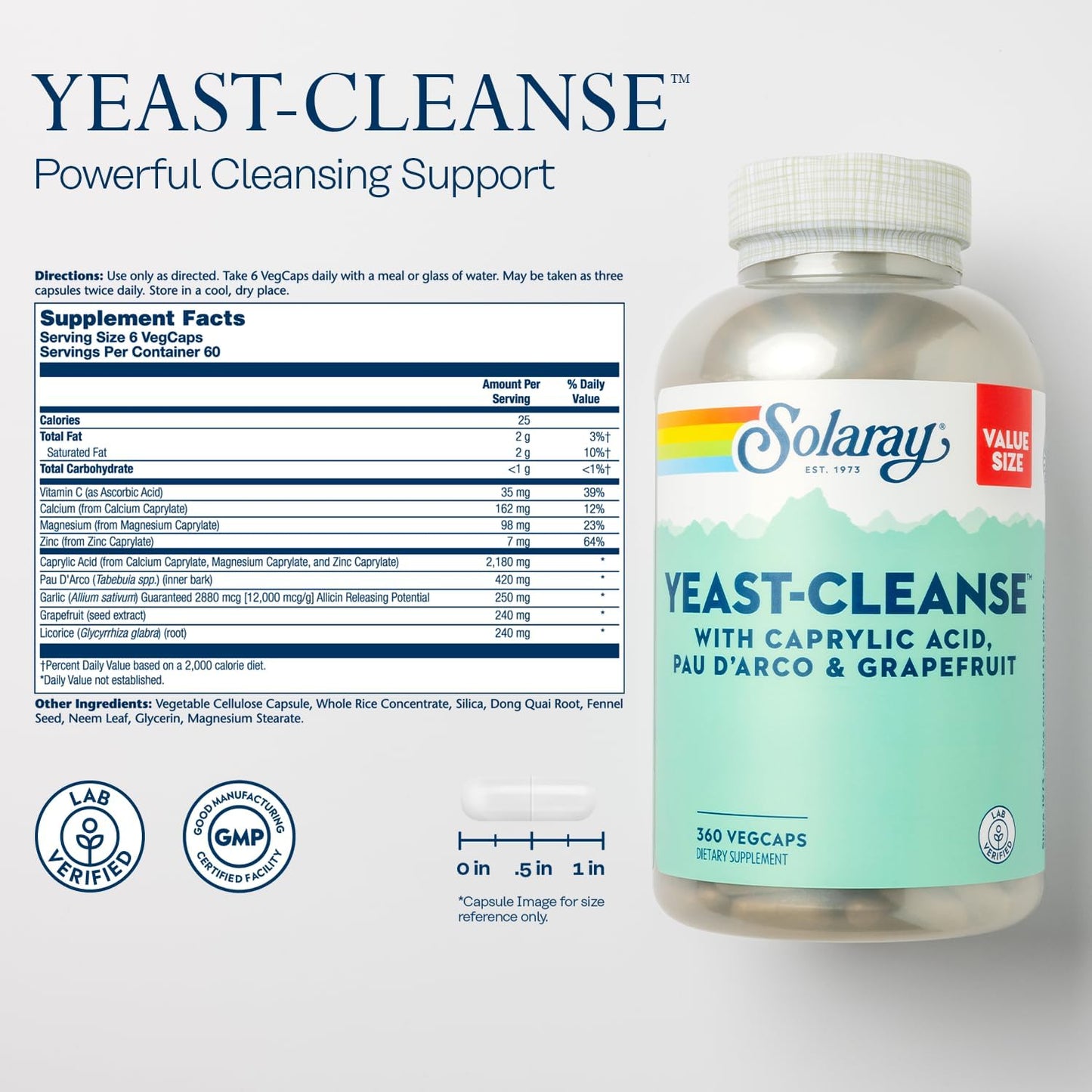 Yeast Cleanse Supplement with Caprylic Acid, PAU d'Arco, Licorice Root & Grapefruit Seed Extracts - 360 VegCaps, 60 Servings - 60-Day Guarantee