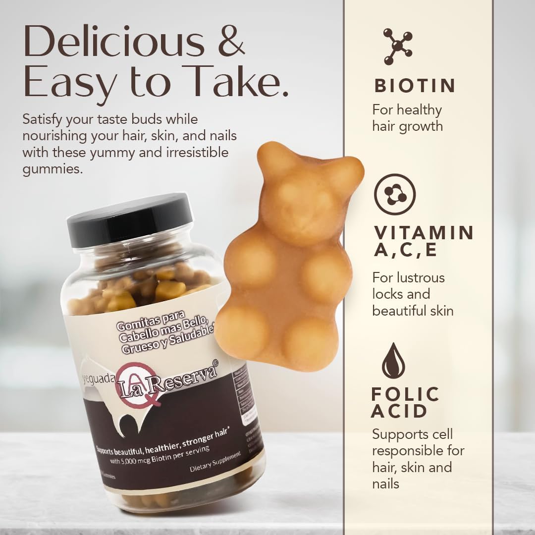 Yeguada La Reserva Hair, Skin, and Nails Gummies - 5000 mcg Biotin, Vitamin E & C - 60 Pieces