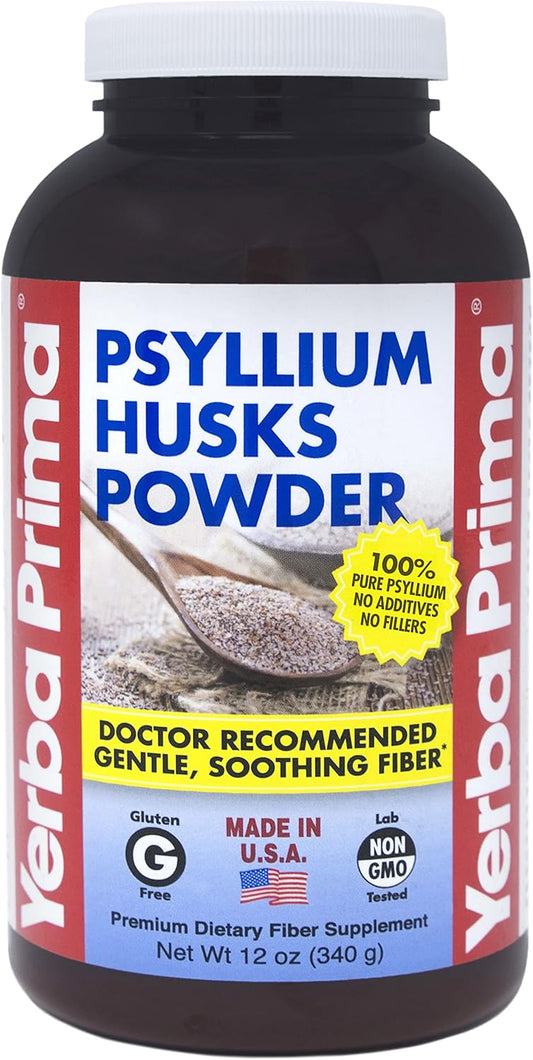 Yerba Prima Psyllium Husks Powder 12 oz - Natural Fiber Supplement for Gut Health - Colon Cleanser with Vegan, Non-GMO, Gluten-Free Ingredients