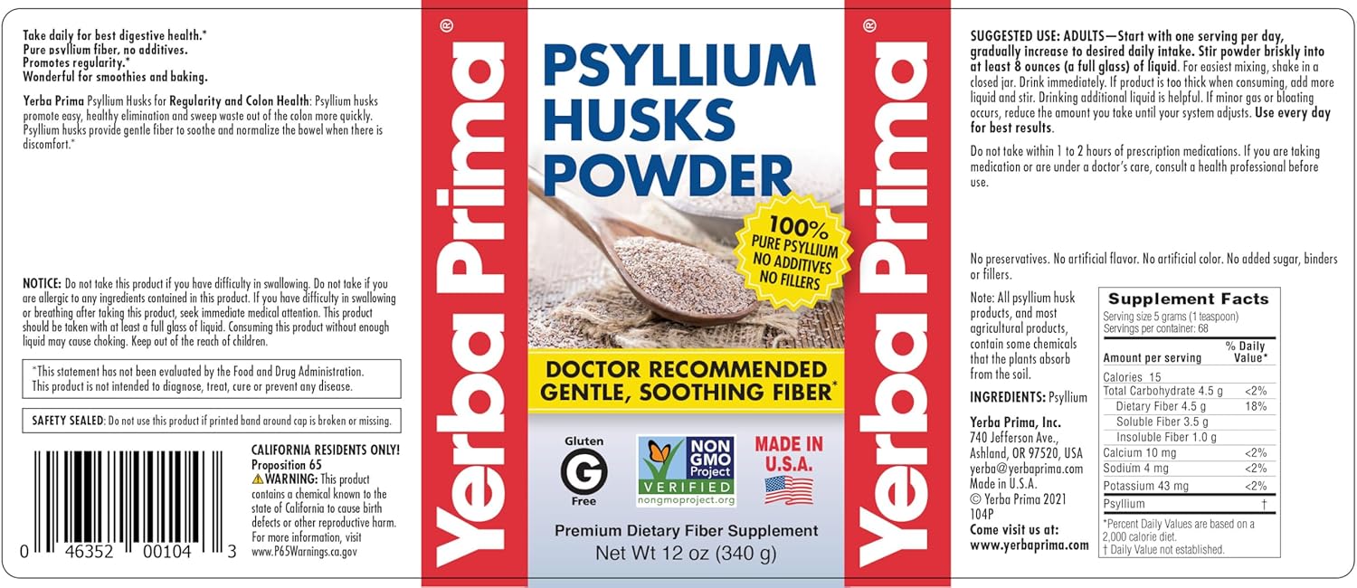 Yerba Prima Psyllium Husks Powder 12 oz - Natural Fiber Supplement for Gut Health - Colon Cleanser with Vegan, Non-GMO, Gluten-Free Ingredients