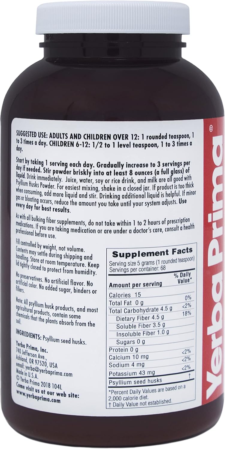 Yerba Prima Psyllium Husks Powder 12 oz - Natural Fiber Supplement for Gut Health - Colon Cleanser with Vegan, Non-GMO, Gluten-Free Ingredients