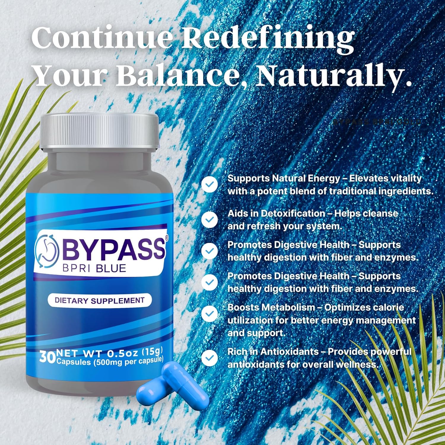 YERBERO Bypass BPRI Blue Capsules - Enhanced with Aloe Vera, Ginger, Sarsaparilla Root, Green Tea, Dandelion, Horsetail - 30 Capsules, 500mg.