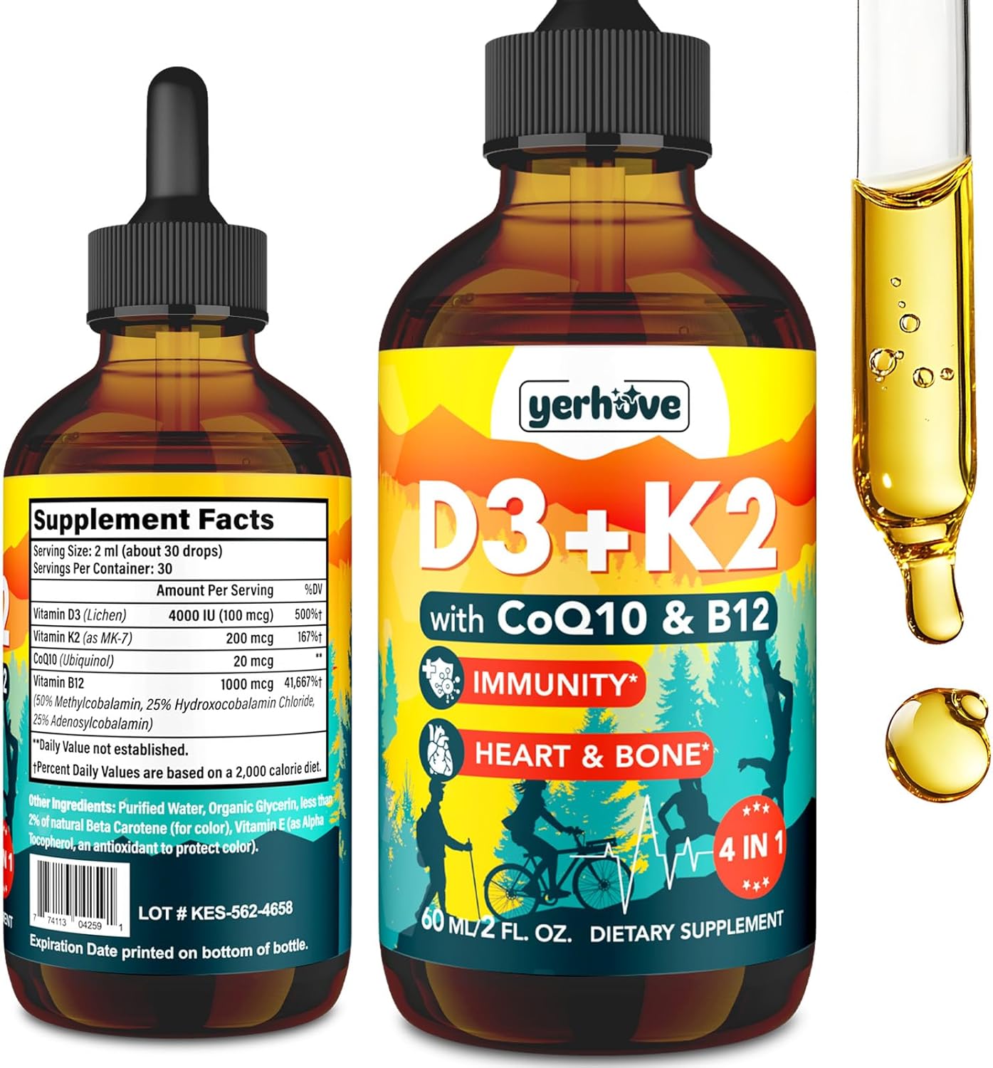 Yerhove Vitamin D3 K2 Liquid Supplement with CoQ10, B12 - Bone Density, Heart Support - High Absorption VIT K2 D3 Drops for Men & Women - 5 Pack
