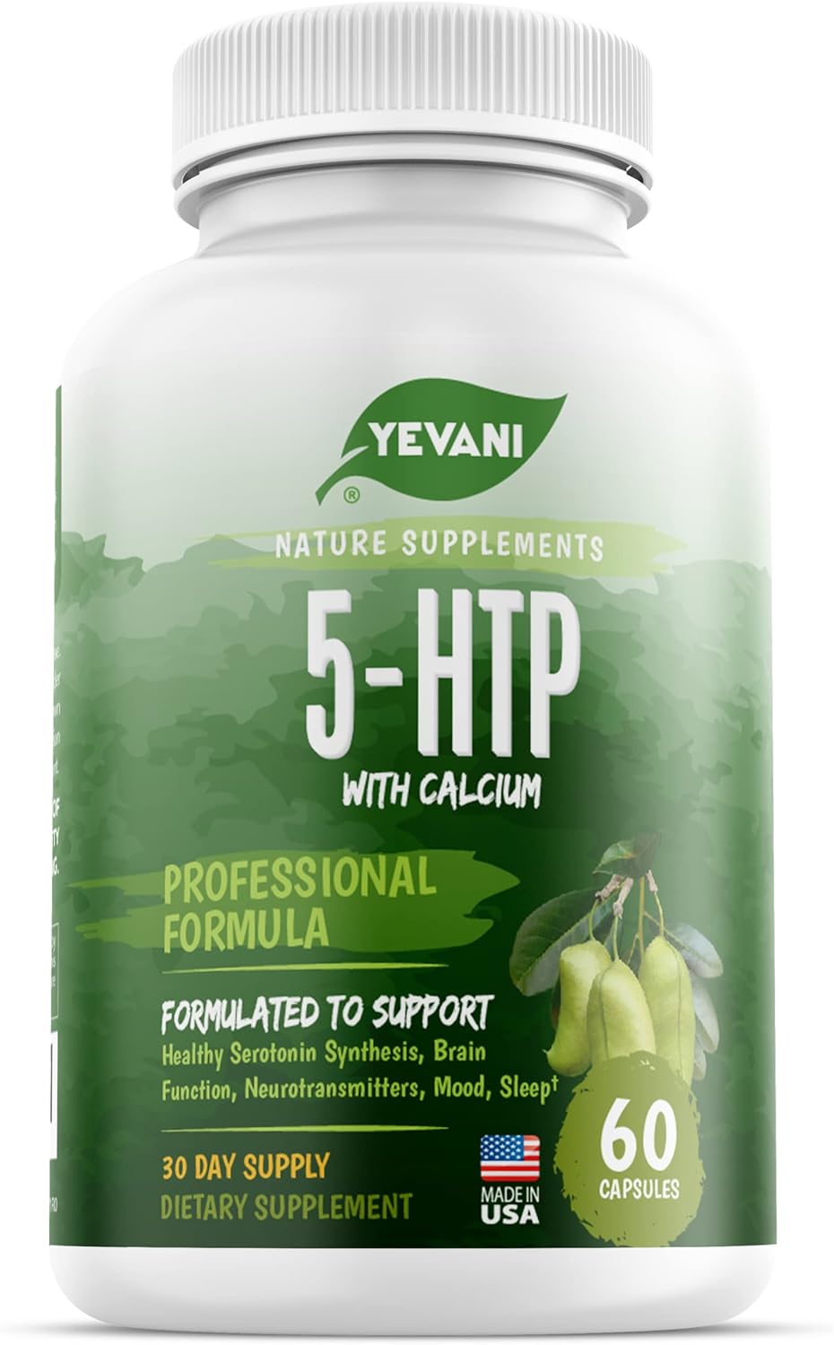 YEVANI 5-HTP Supplement with Calcium for Mood, Stress, Sleep - Neurotransmitter Support - 60 Capsules, 30 Servings
