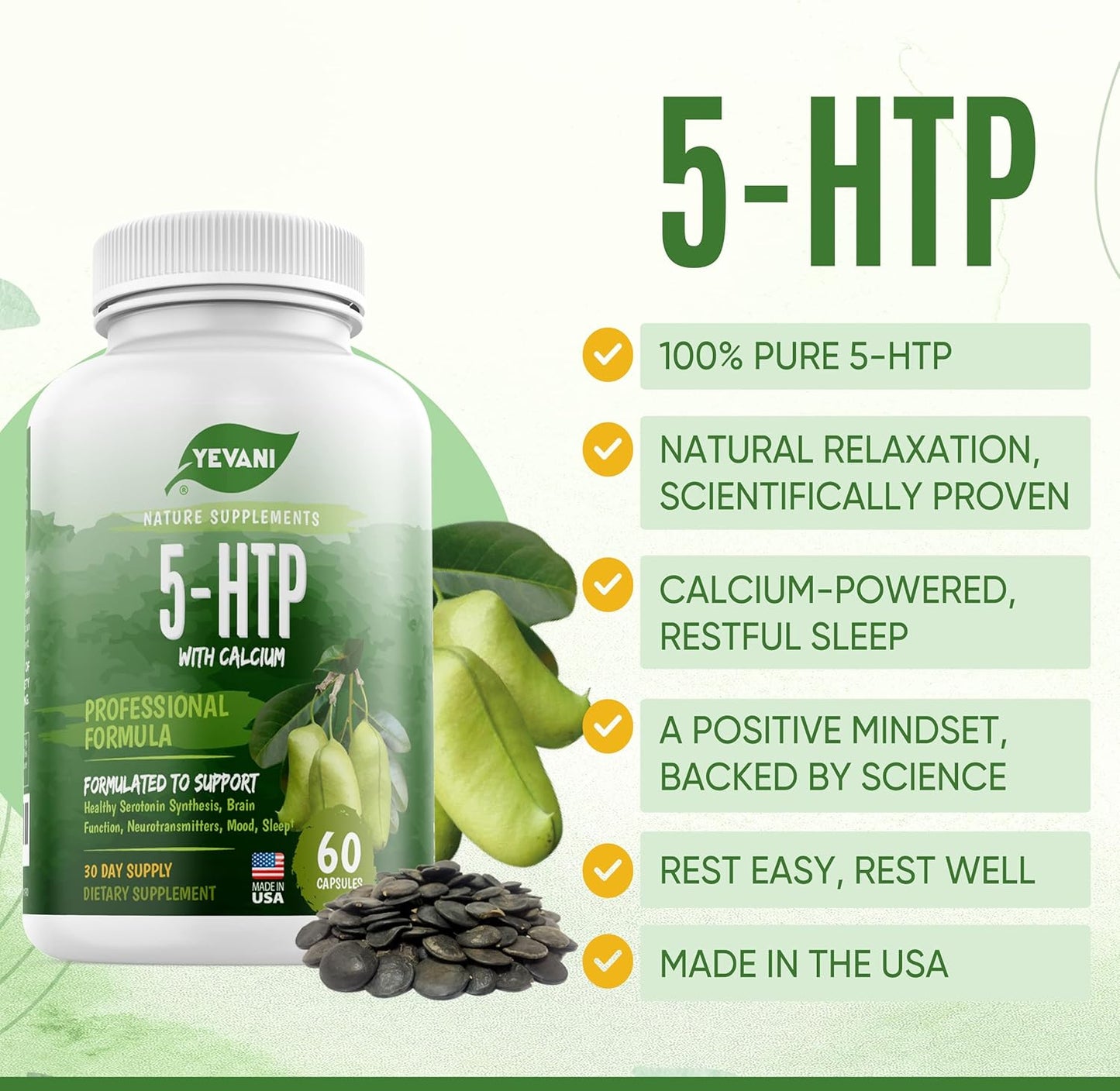 YEVANI 5-HTP Supplement with Calcium for Mood, Stress, Sleep - Neurotransmitter Support - 60 Capsules, 30 Servings